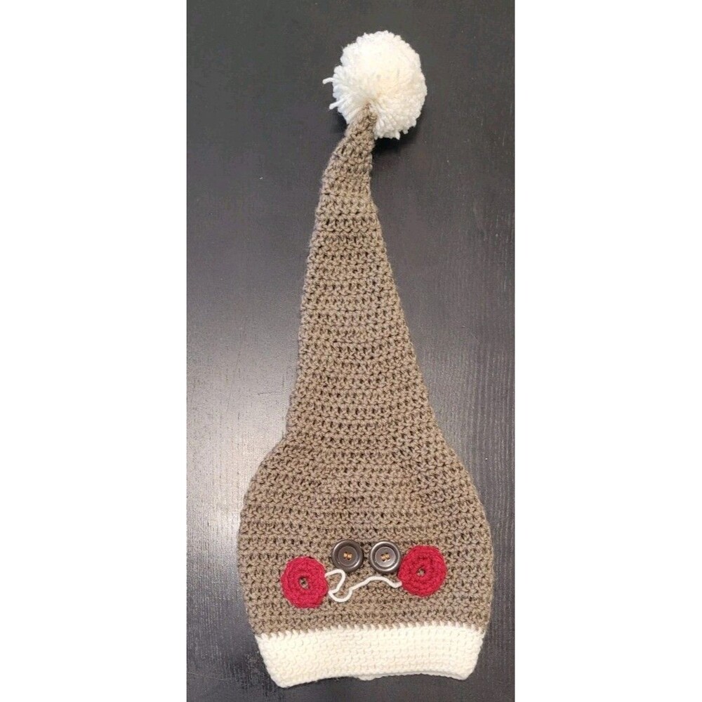 Kids Knit Winter Hat With Face Brown 22 Inch Pom Pom 0-5 Yrs Old Hat